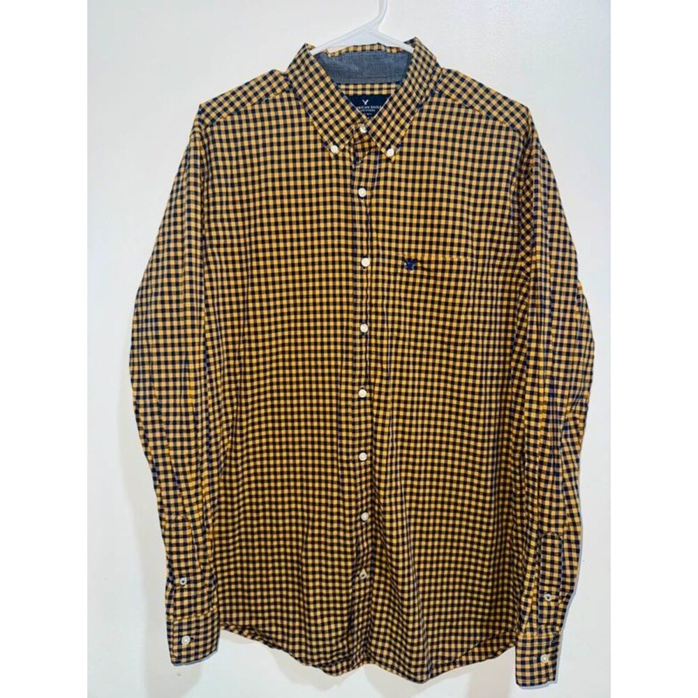 American Eagle Men’s XLT Tall Mustard Navy Gingham Check Button Down Fall Shirt